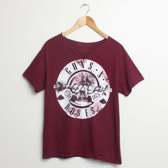 Guns N Roses Shirt Womens Medium Maroon Rock Band Tee Chopped Neckline - Picture 1 of 7